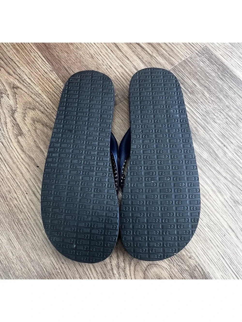 Sanuk Yoga Mat Flip Flops Womens 9 Navy Blue Leather Gingham Check SWS2908